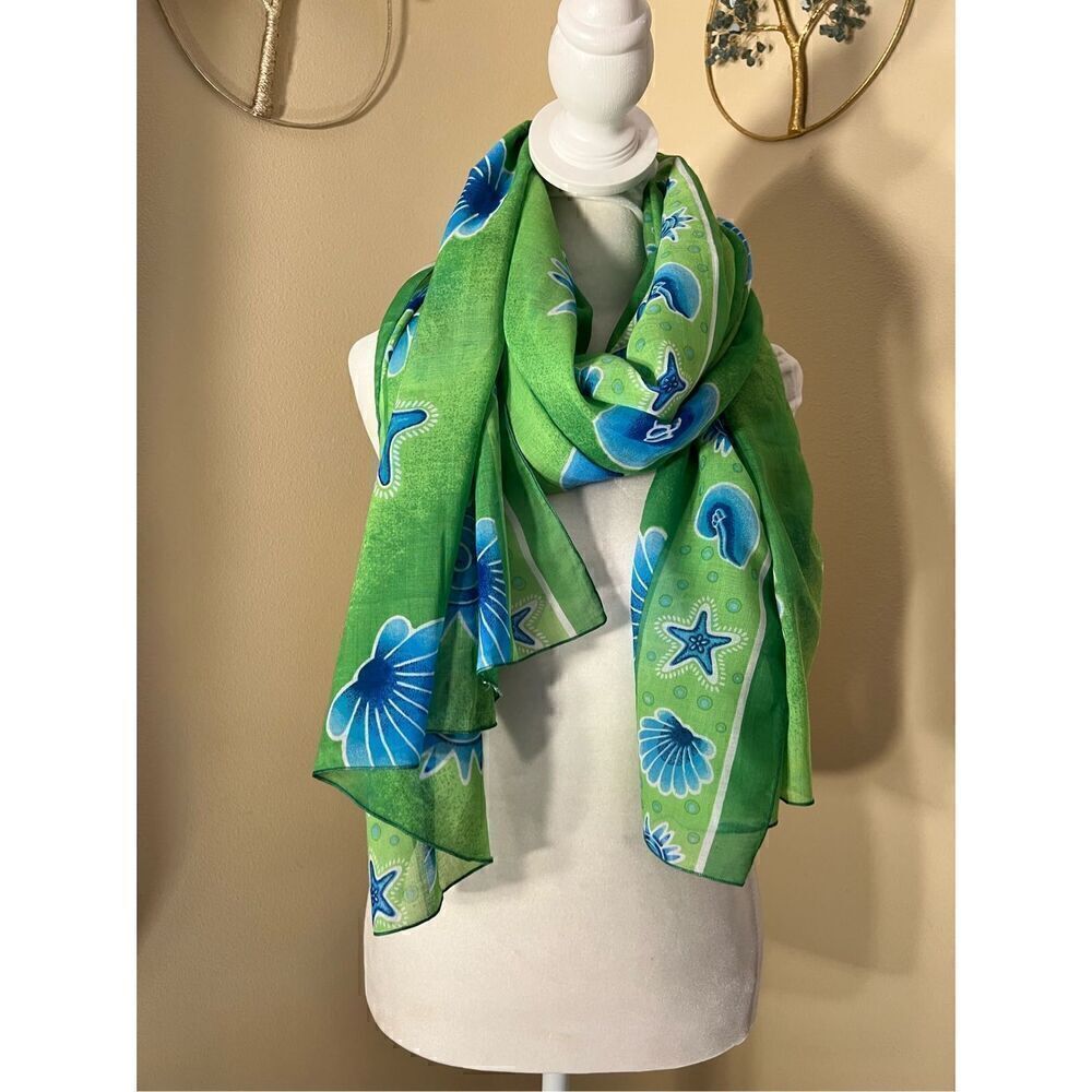 Bright Green Blue Seashell Ocean Semi Sheer Scarf